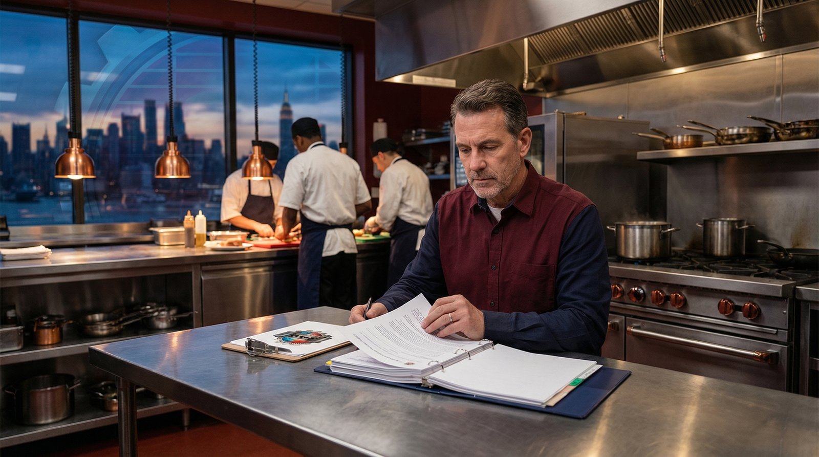 A facility manager reviewing regulatory documents in a modern commercial kitchen, with a subtle overlay of NYC skyline in the background.