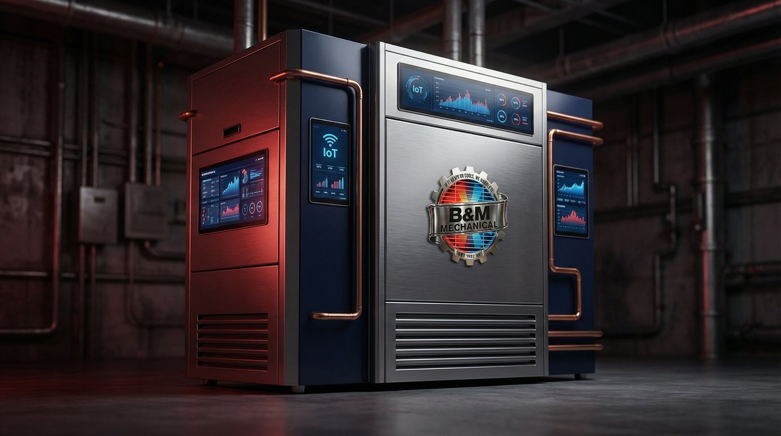 A modern, energy-efficient commercial refrigeration unit with digital displays, subtly showing data or IoT connectivity.