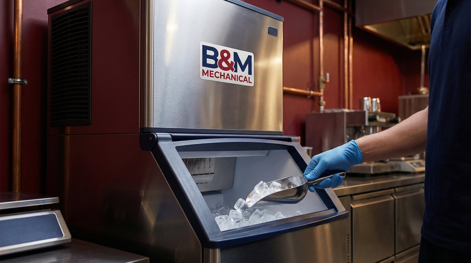 A clean, well-maintained commercial ice machine in a restaurant kitchen, with a focus on hygiene and proper ice scooping.