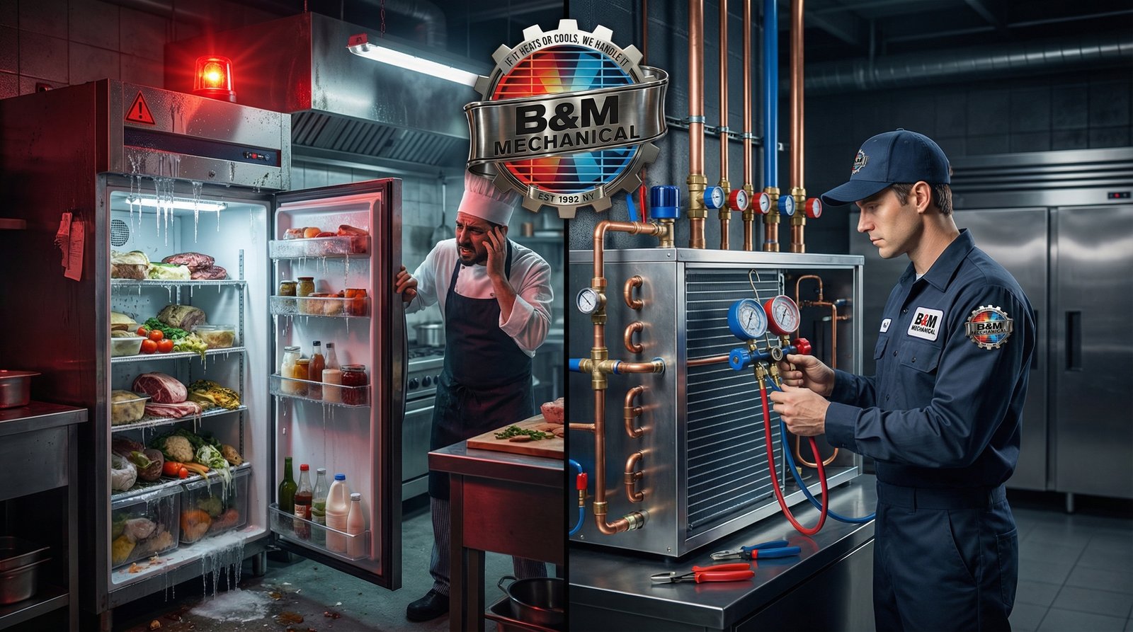 A calm, organized commercial kitchen with a technician performing routine maintenance on a refrigeration unit, contrasting with a chaotic scene of a broken unit and spoiled food.
