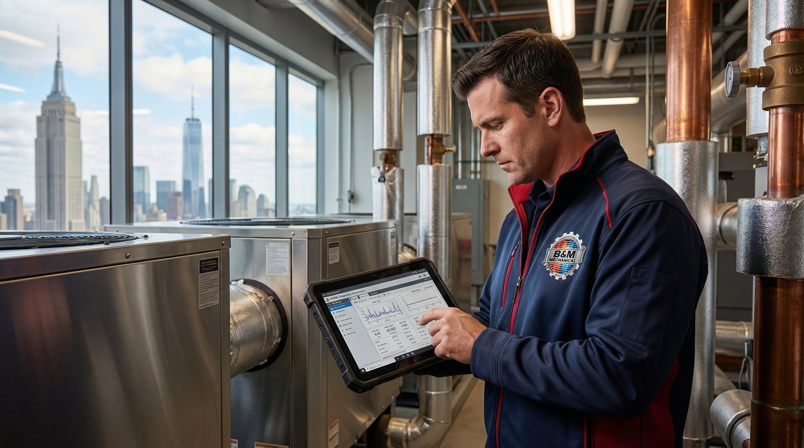 A B&M Mechanical technician confidently operating a tablet with diagnostic software in a modern commercial building, with the NYC skyline visible through a window.