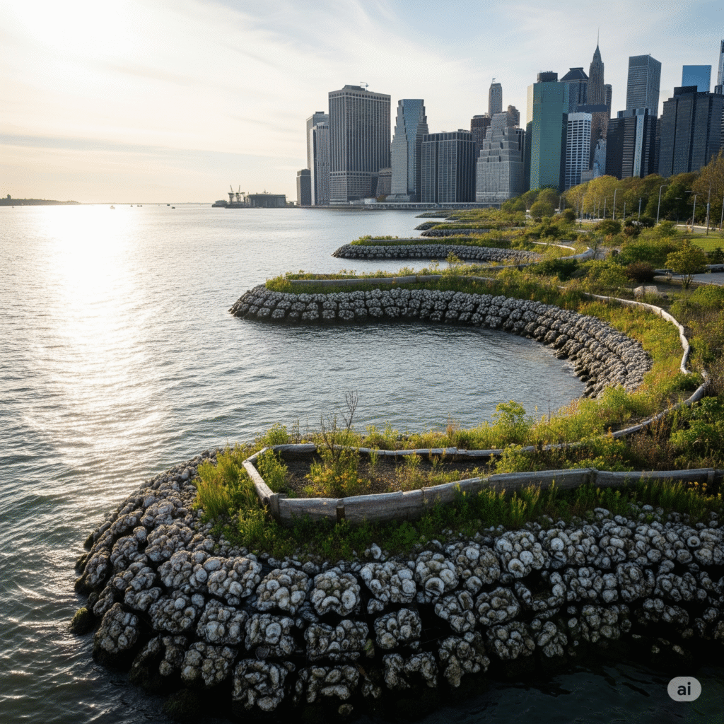 A New York City shoreline in 2034, showing visible nature-based solutions like circular living breakwaters with oyster reefs in the water near the coast, with fish swimming among them and the city skyline in the background.