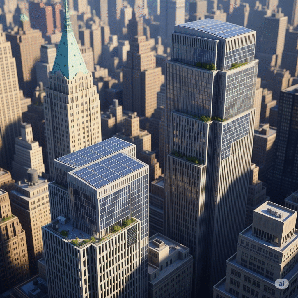 An aerial view of a dense New York City skyline in 2034, featuring a mix of sleek, modern glass residential towers and older brick commercial office buildings that have been adaptively reused as residential units, some with balconies and rooftop greenery.