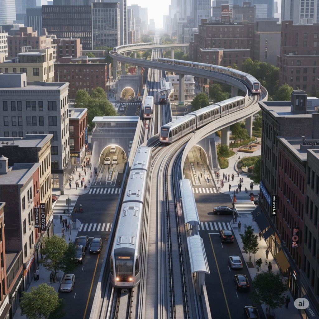 Modern IBX (Interborough Express) light rail trains running on newly constructed elevated tracks and entering tunnels, winding through a developed urban landscape in Brooklyn or Queens in 2034, with city streets below.