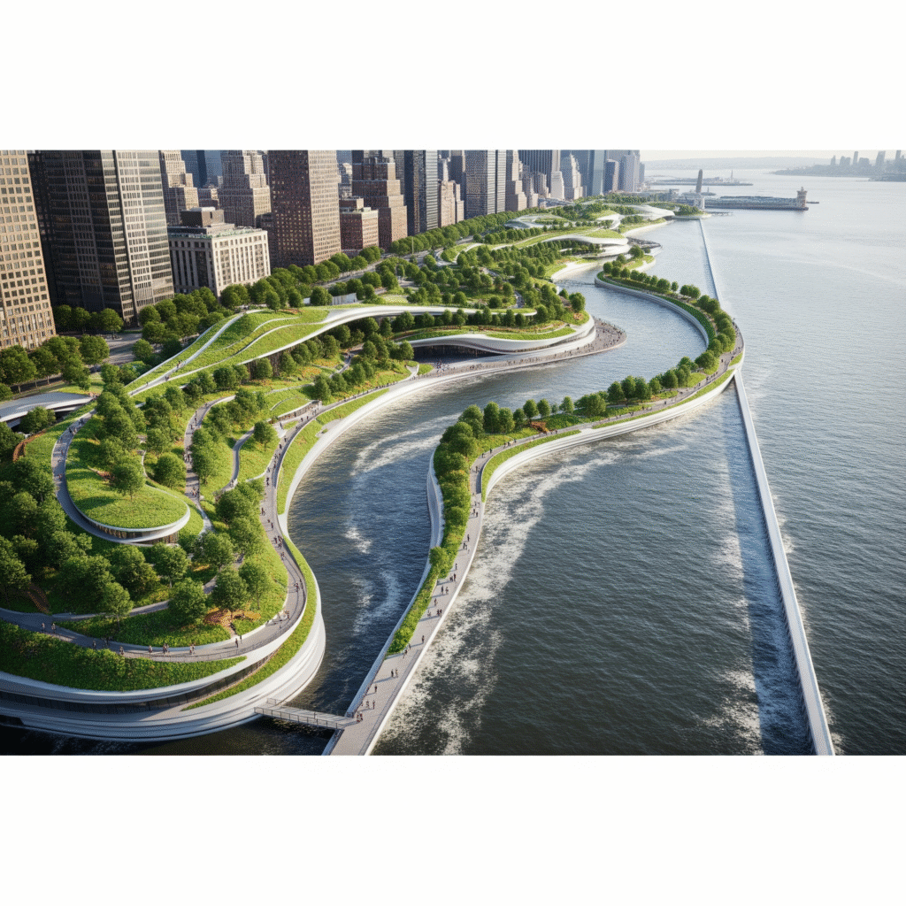 A panoramic aerial view of Manhattan's waterfront in 2034, showcasing elevated, curving green parks with winding paths and lush vegetation, subtly integrated with floodwalls, overlooking the river and cityscape.