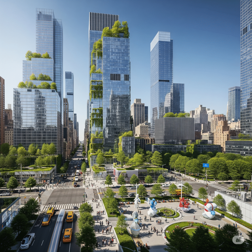  An aerial view of a dense New York City skyline in 2034, featuring a mix of sleek, modern glass residential towers and older brick commercial office buildings that have been adaptively reused as residential units, some with balconies and rooftop greenery.