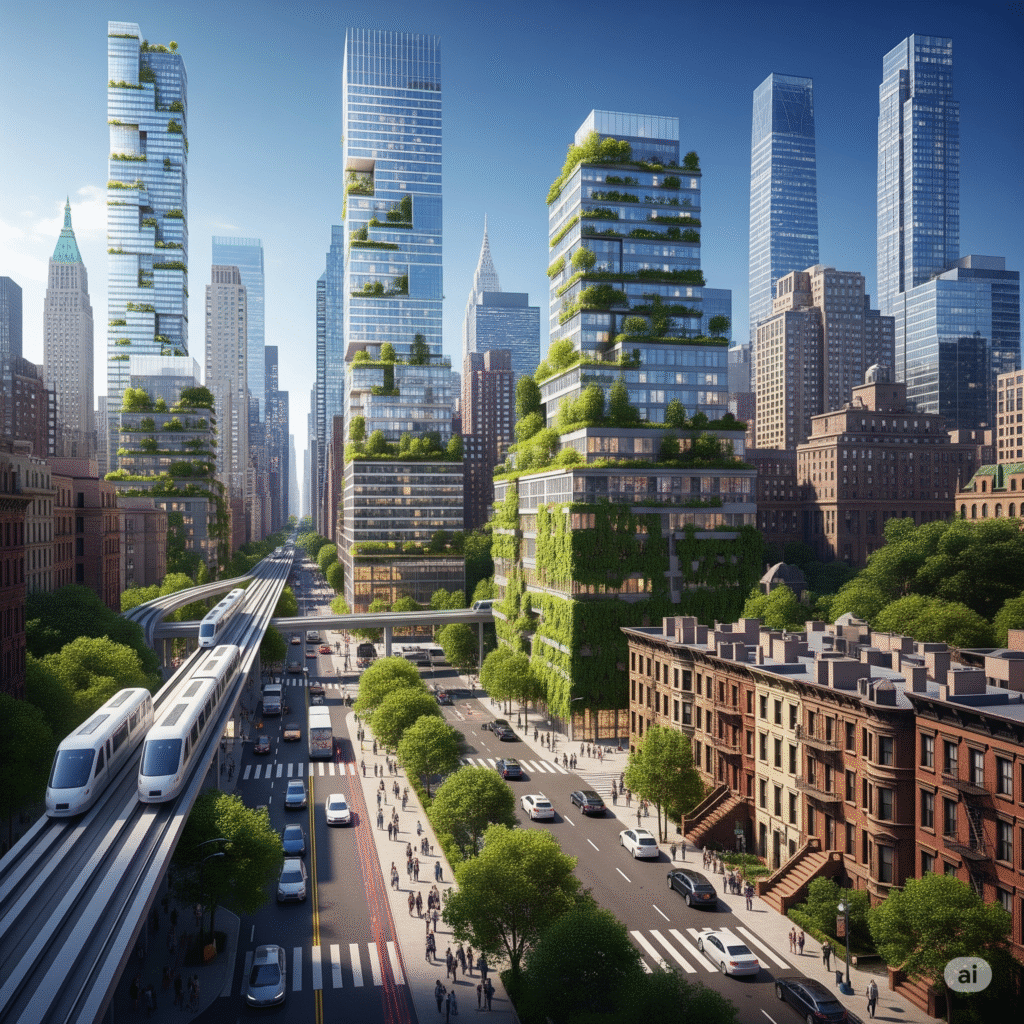 A futuristic yet recognizable New York City skyline in 2034, showing a dense urban core with modern residential towers, adaptively reused office buildings with rooftop solar panels, elevated light rail (IBX) trains, and green waterfront parks with floodwalls and living breakwaters. The atmosphere is vibrant, green, and technologically advanced.