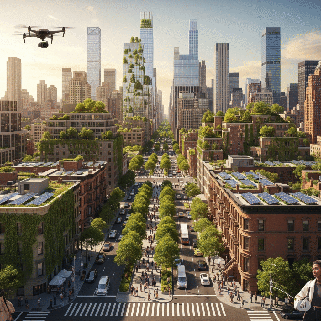 A composite image of New York City in 2034, showing a vibrant, green, and technologically advanced cityscape with skyscrapers featuring vertical gardens, elevated train lines, electric vehicles, and pedestrians on tree-lined streets with green spaces.