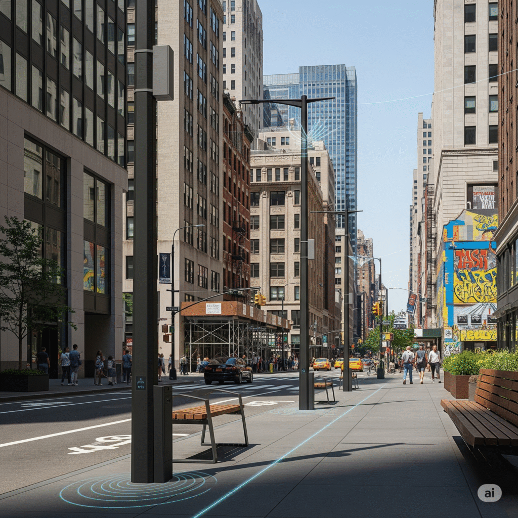 A New York City street scene in 2034, featuring sleek, modern light poles and street furniture with subtle, integrated smart city sensors glowing with blue light patterns, amidst pedestrians and urban buildings.