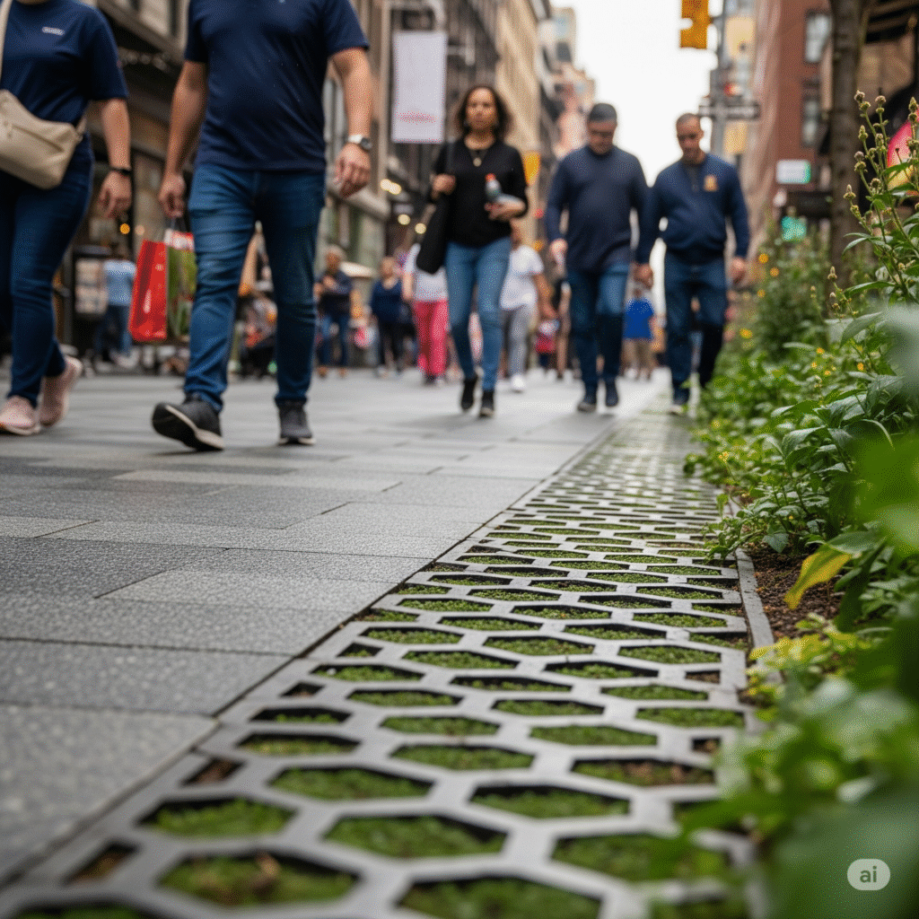 A close-up, low-angle view of a New York City pedestrian area in 2034, showcasing permeable pavement with hexagonal patterned grates allowing grass to grow through, with blurred pedestrians in the background.