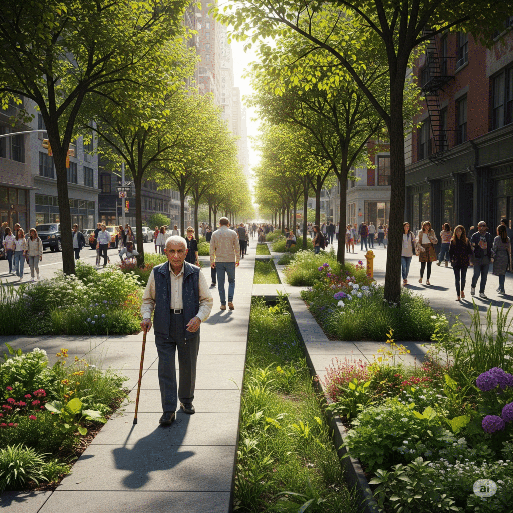 A New York City street scene in 2034 with lush, elongated rain gardens and bioswales integrated seamlessly into sidewalks, featuring abundant greenery and diverse plants alongside pedestrians.